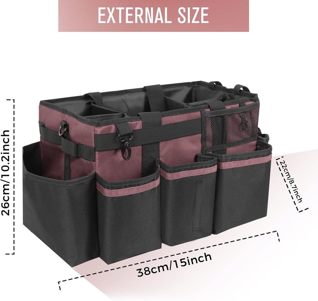 Wearable Cleaning Caddy, Cleaning Caddy Supplies Organizer with Handle & Shoulder Straps for Housekeepers, Under Sink & Car Cleaning Tool Organizers Bag with 4 Foldable Divider (LotusPink)