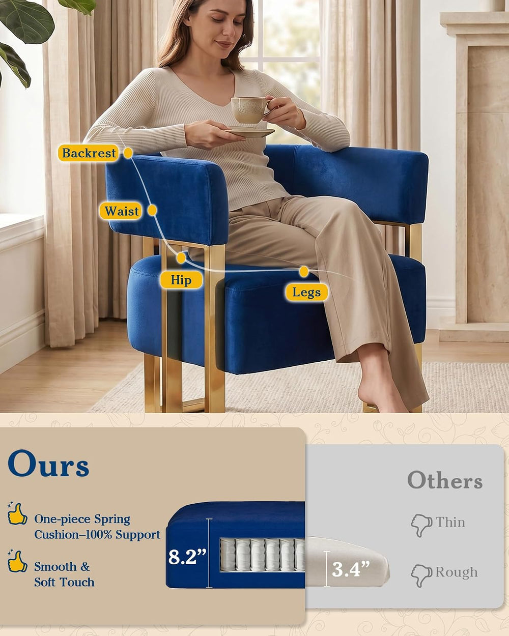 AODAILIHB Blue Modern Accent Chairs Set of 2, Velvet Barrel Chairs with Gold ...