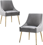 Modern Velvet Dining Chairs Set of 2, Contemporary Upholstered Furniture Collection with Polished Gold Metal Legs, Elegant Accent Chairs for Kitchen Living Room(Grey)