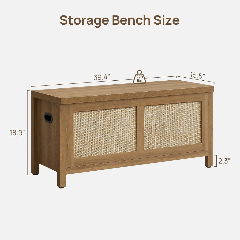 SICOTAS Rattan Storage Chest 39.4" Storage Bench for Bedroom | Boho Storage Truck with 2 Safety Hinges and Flip Top for Living Room Entryway, Supports 220 lb, Oak