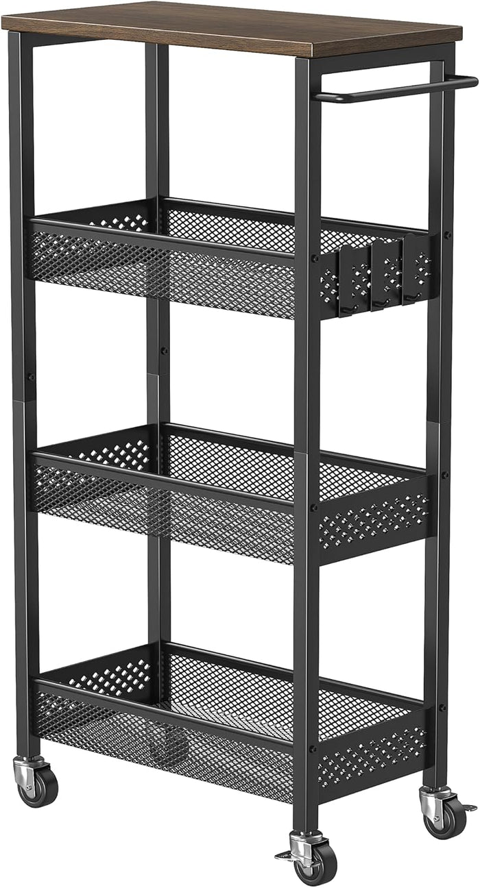 XYZLVSI Slim Rolling Storage Cart, 4 Tier Small Bathroom Cart Organizer | 9.1" W narrow storage cabinet with wooden top and metal handle, ideal for kitchen/dorm, between washer and dryer storage
