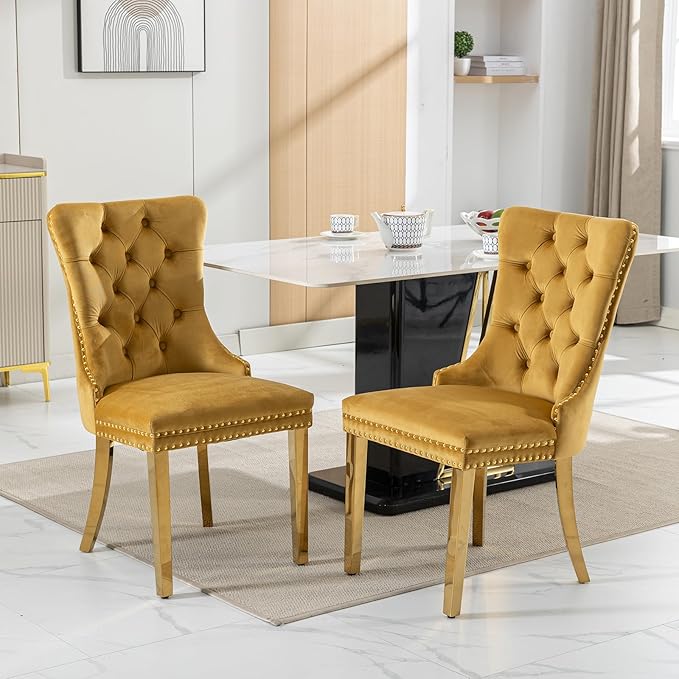 Mid Century Modern Dining Chairs Set of 4, Yellow Velvet Upholstered Tufted B...