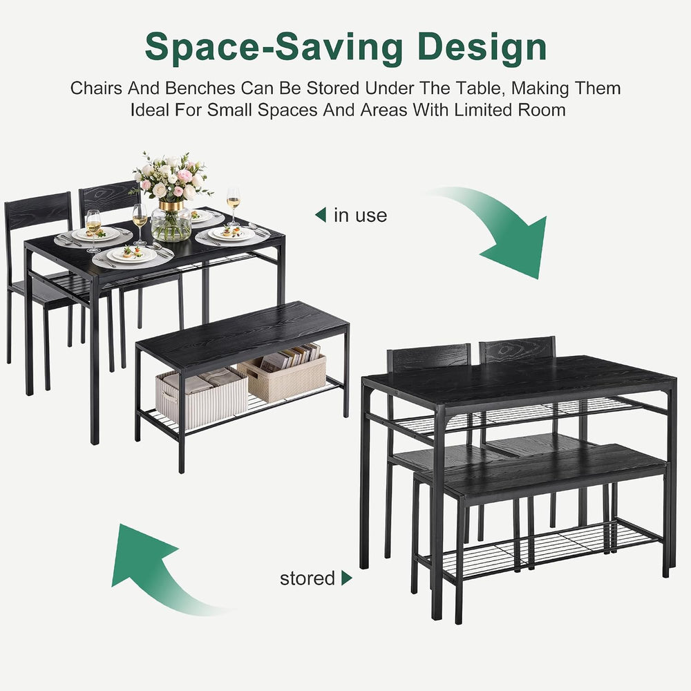 VECELO Kitchen Dining Room Table with 2 Chairs & Bench, Compact Space-Sav...