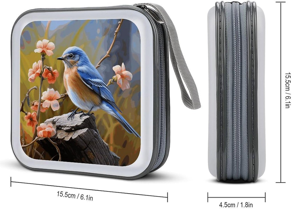 Eastern Bluebird DVD Case, 40 Capacity CD Case Holder with Zippers, Portable CD Holder Hard Plastic Disc Cases Personalized DVD Wallet Organizer for Car Home Travel