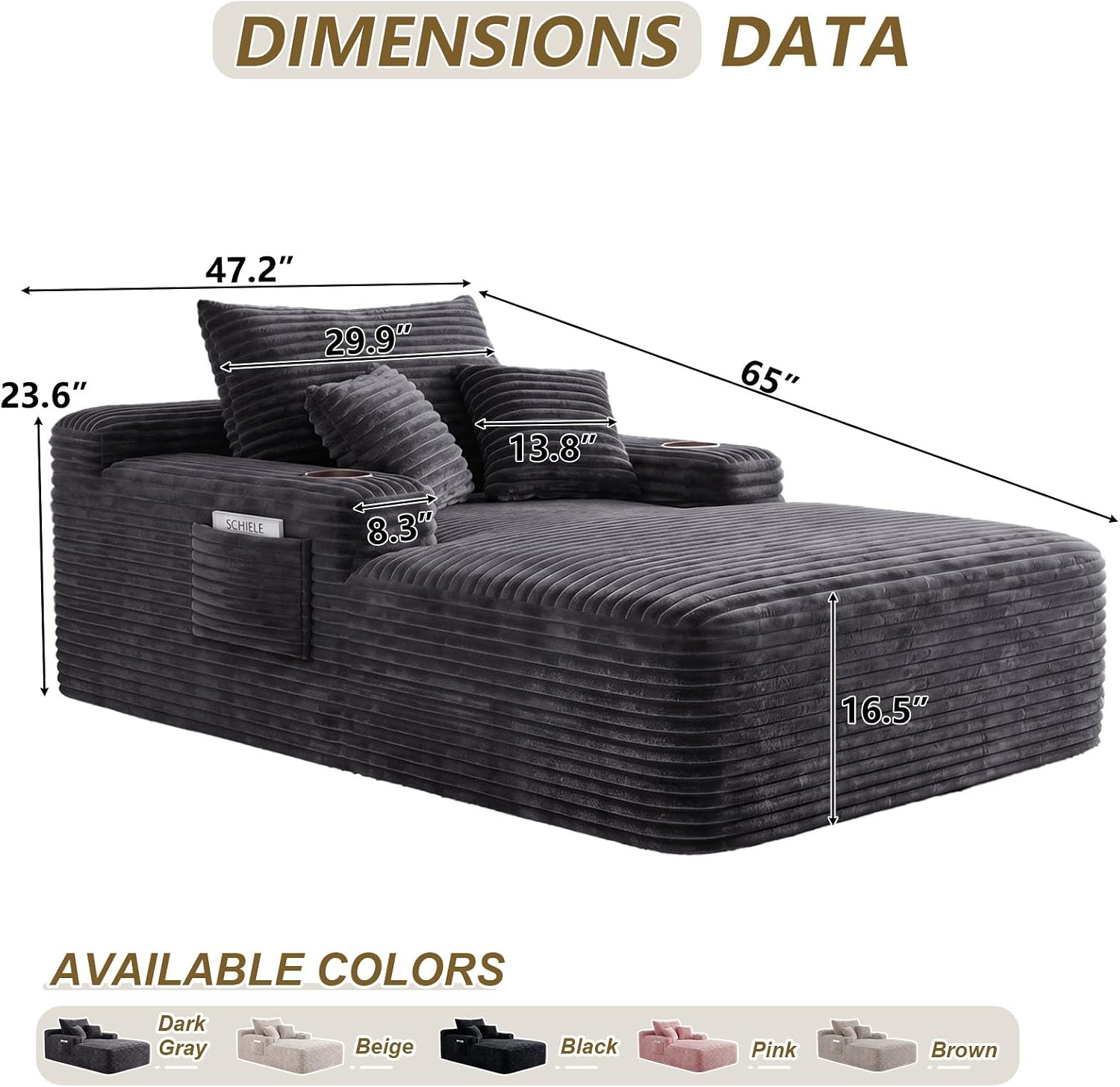 65" Chaise Lounge Chair Indoor,Oversized Boneless Lounge Chair with Side Pockets Cup Holders,Corduroy Cloud Reading Chair for Living Room Bedroom,Deep Seat Sleeper Couch, No Assembly ,Dark Grey