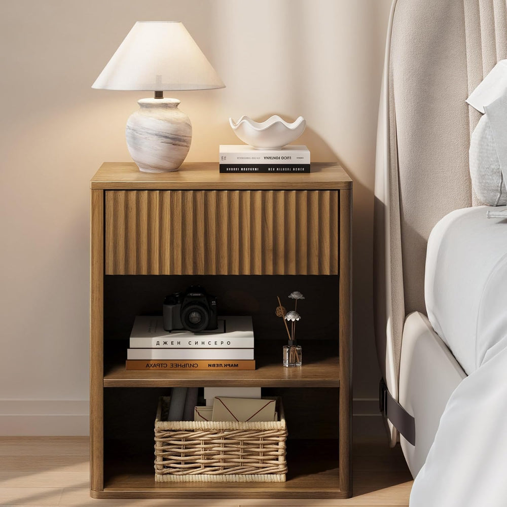 Nightstand Bedside Table Storage Drawer - Large Mid Century Modern Night Stan...