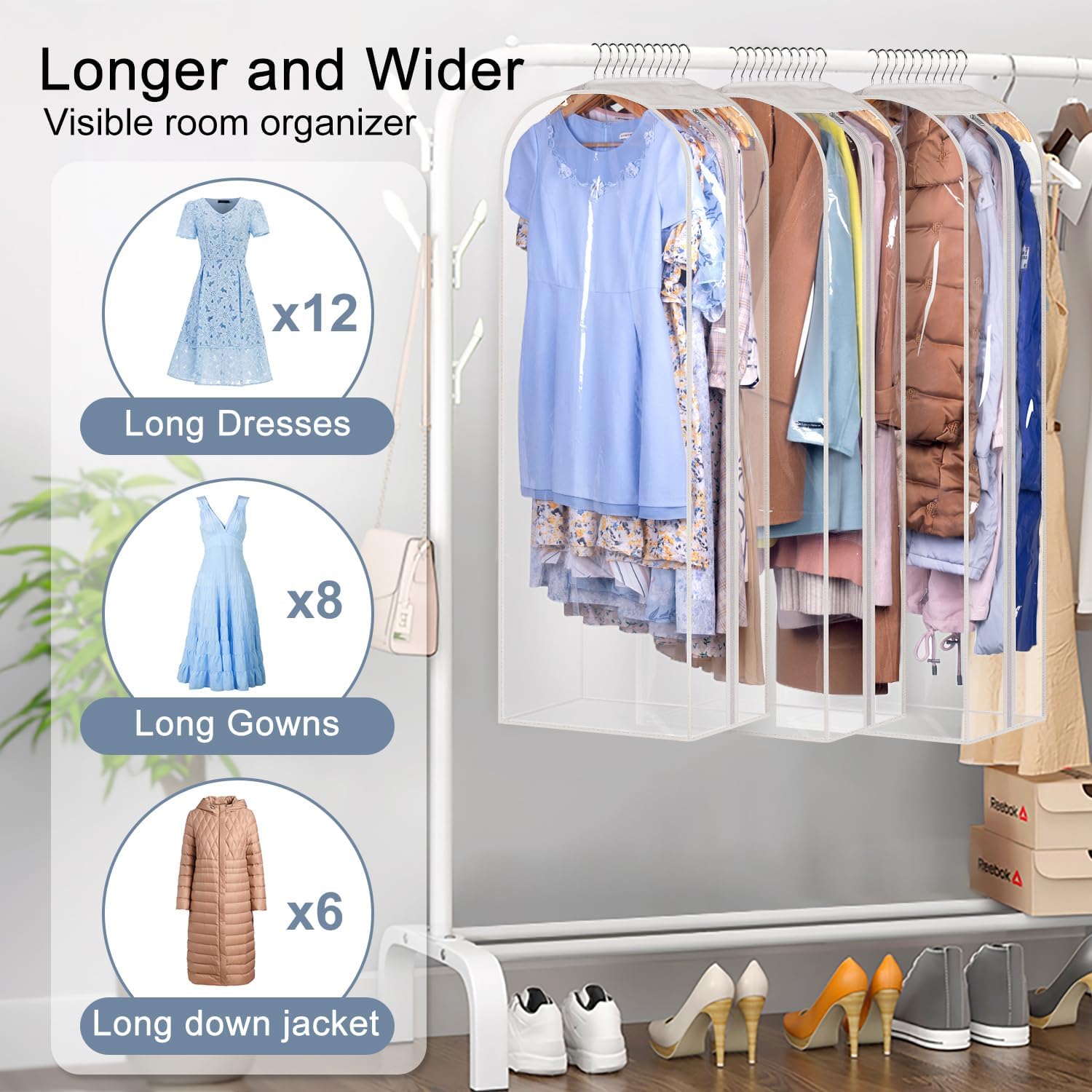 Sleeping Lamb 10" Gussetes Clear Garment Bags for Hanging Clothes Storage 50" Dress Bags for Closet Storage Coat Cover for Suits, Sweater, Jacket(3 Packs)