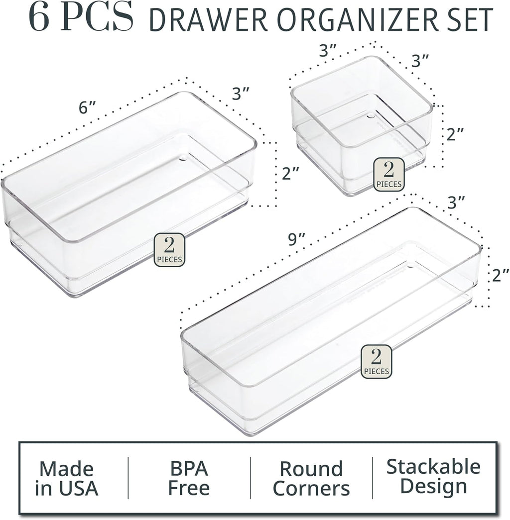 STORi SimpleSort Drawer Organizer Bins 6 pc Set, Multi-size, Bathroom Organizers and Storage, Makeup Organizer, Desk Organizer, Vanity Organizer, Clear Organizing Containers, Made in USA