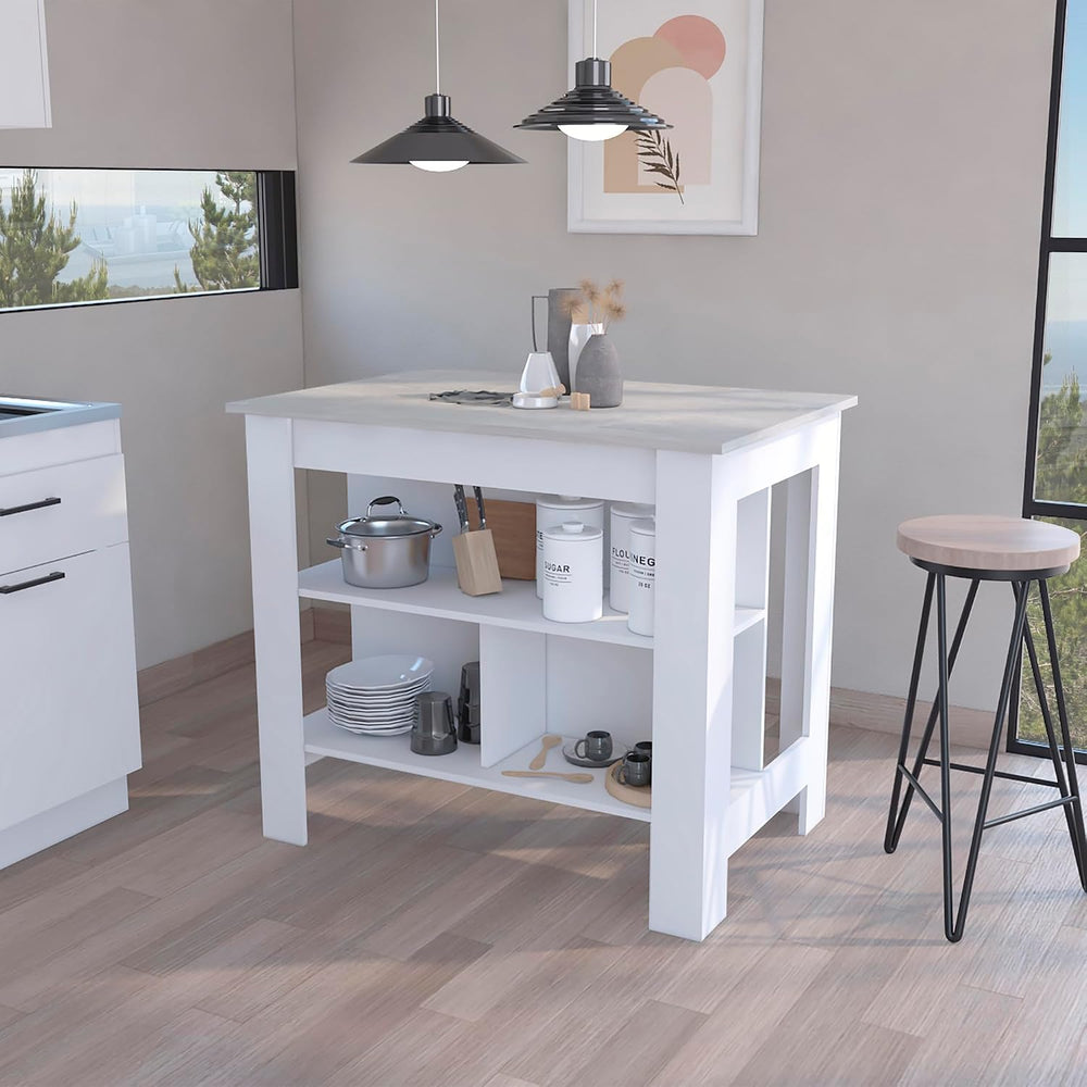 Kitchen Island Dozza with Three Shelves in White and Ibiza Marble | Three sto...