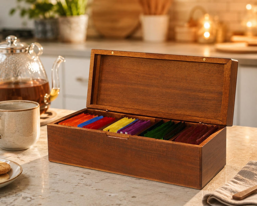 SEVENY Wooden Tea Bag Organizer Box with 4 Compartments | Tea Storage Caddy, Coffee Packet Organizer, For Kitchen Counter, Home Office Display