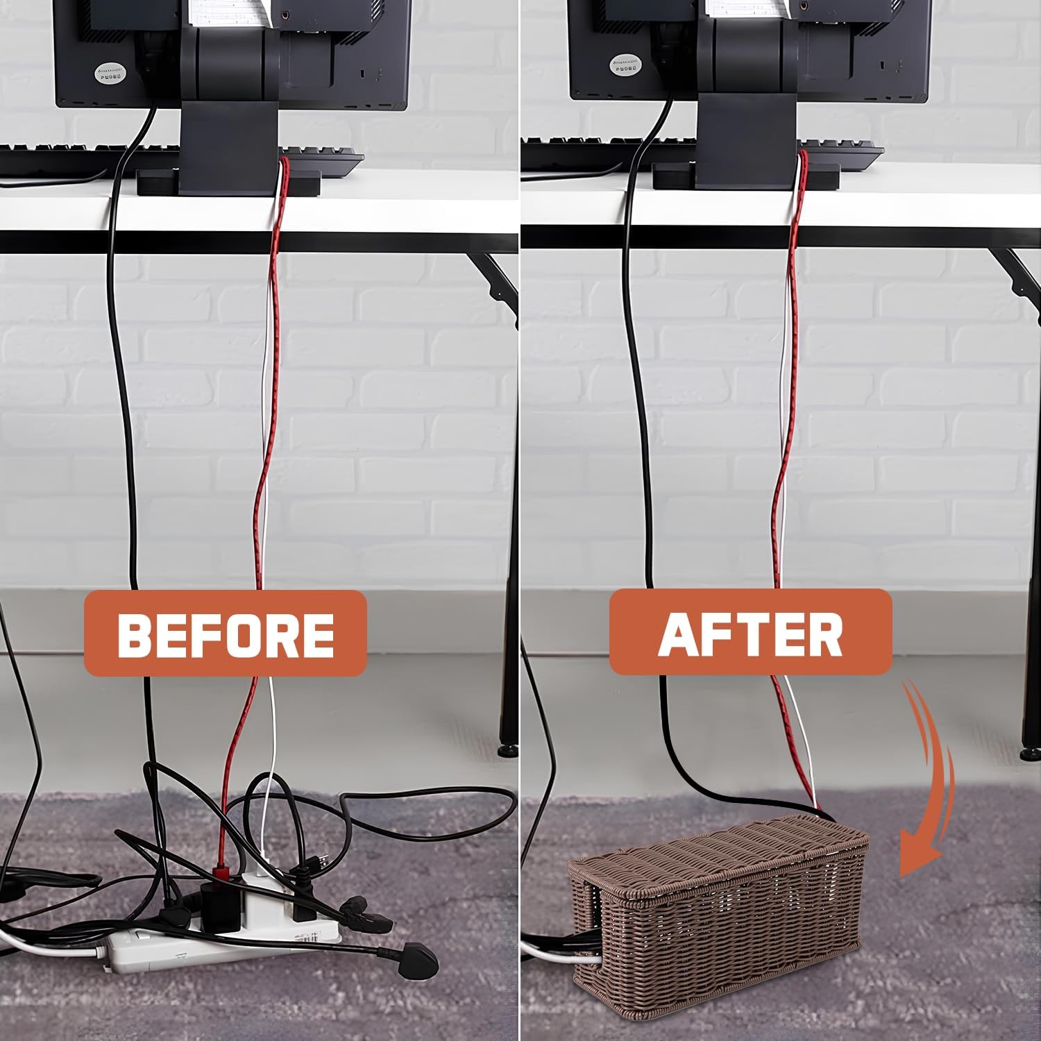 Cable Management Box, Handmade Rattan Cable Organizer, 2 Open Slots Cords Hider Box, Under Desk Cord Organizer for Computer Router USB Hub & Power Strip, Patent Pending, 13" x 5.1" x 5.1", Brown