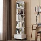Solid Wood Rotating Bookshelf Tower, 5 Tier Spinning Bookcase with Drawer, 72" Floor Standing Revolving Bookshelf on Wheels, Corner Bookcase for Small Space, White