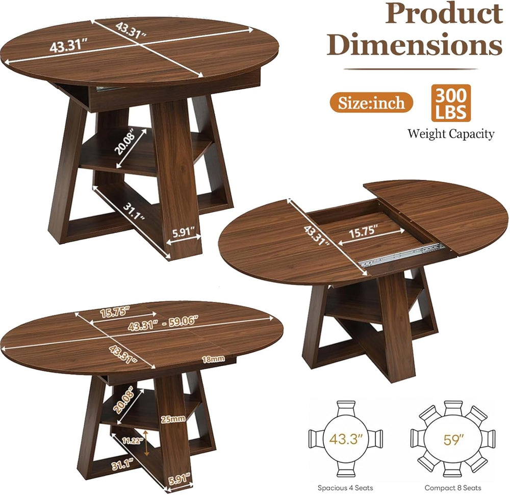 43"-59" Extendable Round to Oval Wooden Dining Table | 1.2" Th...