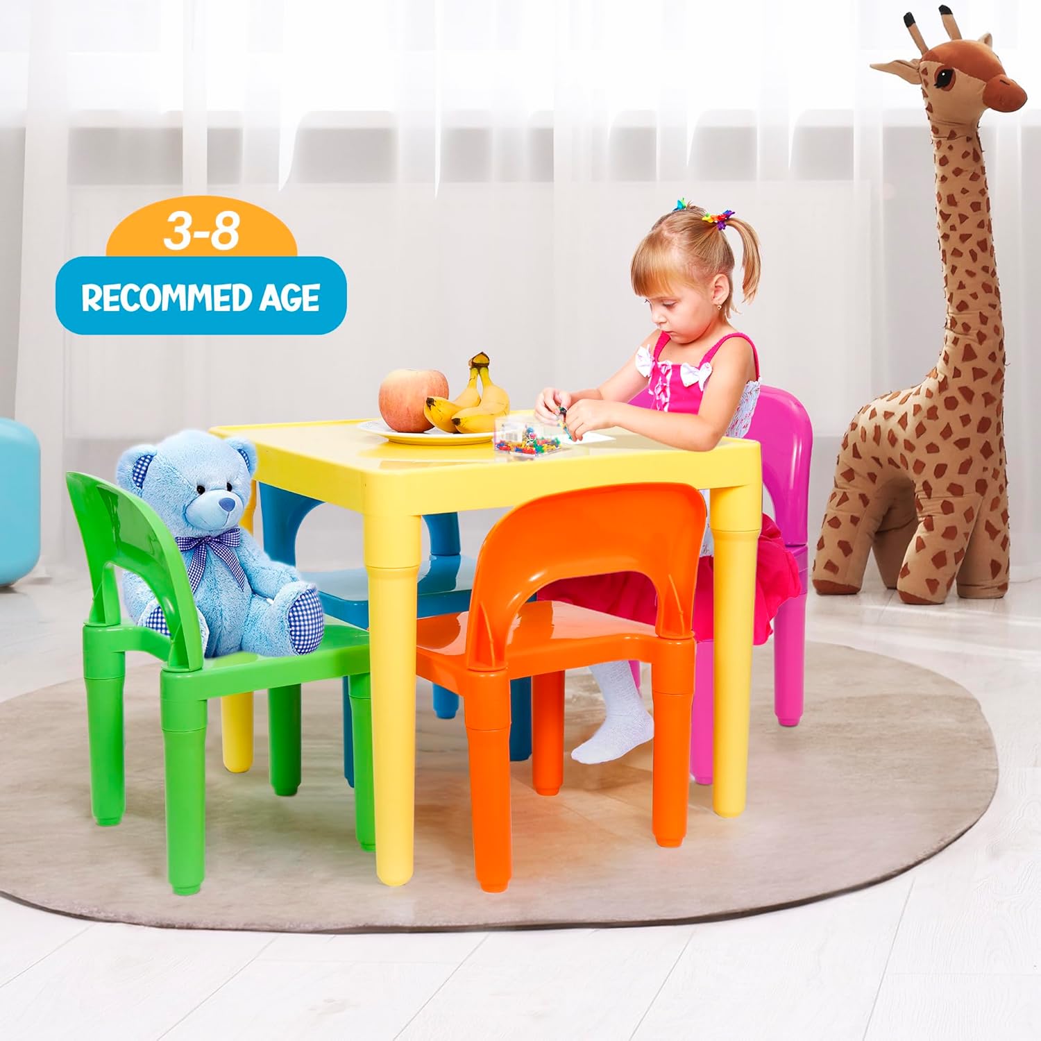 ZENY Kids Plastic Table and 4 Chairs Set, Multicolor Play Room Furniture for Reading, Train, Art, Crafts, Play