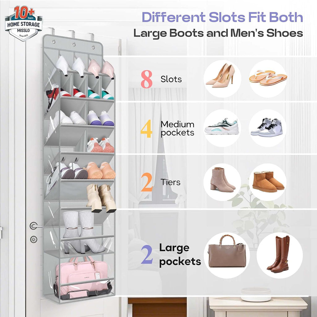 MISSLO Clear Over the Door Shoe Organizer Large Deep Pockets Hanging Shoe Rack for Closet Fit 20 Pairs Shoe Holder for Sneakers Boots Storage，Grey