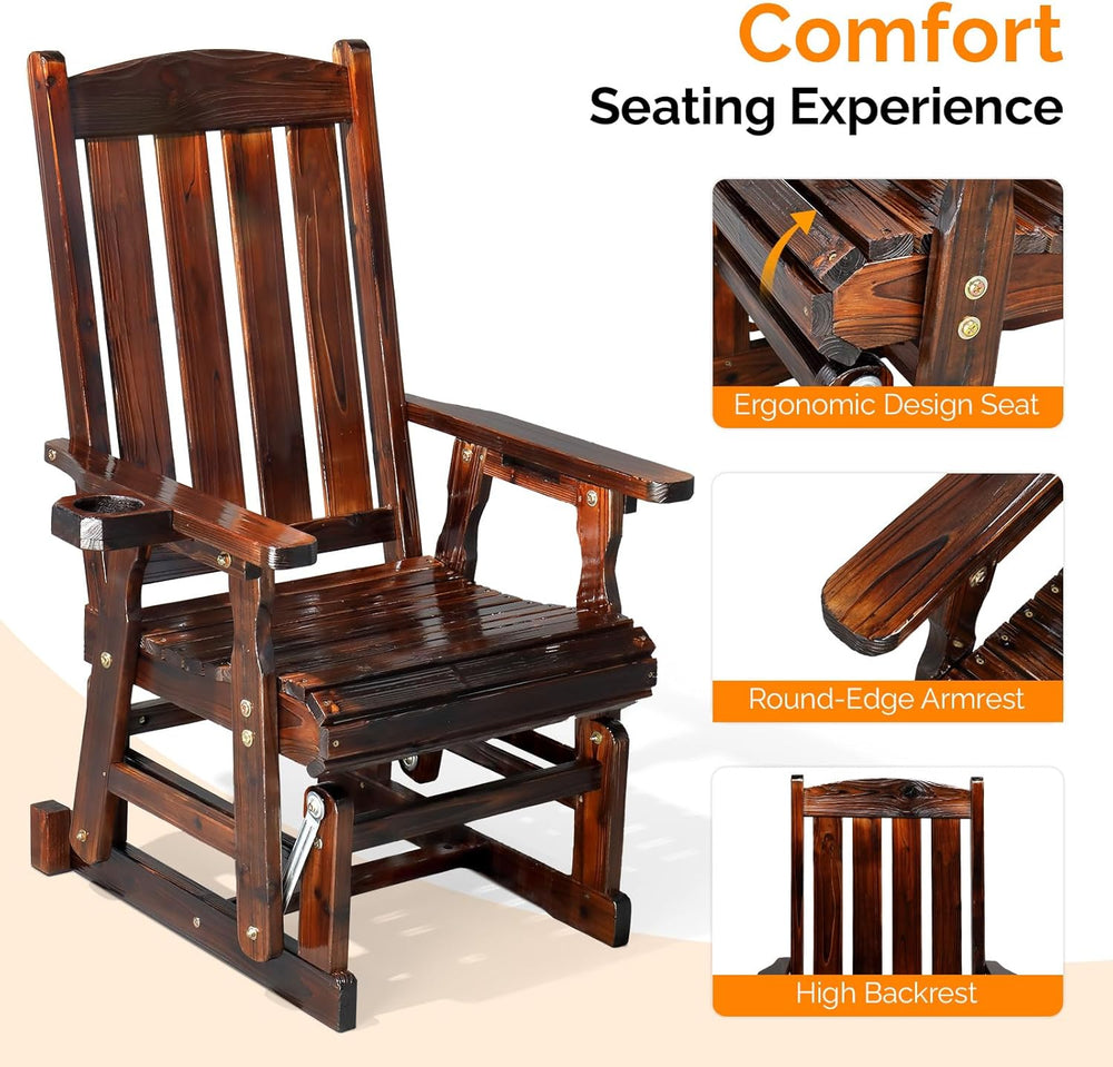 VINGLI Outdoor Glider Chair Wood Patio Glider with Cup Holder, Porch Glider w...