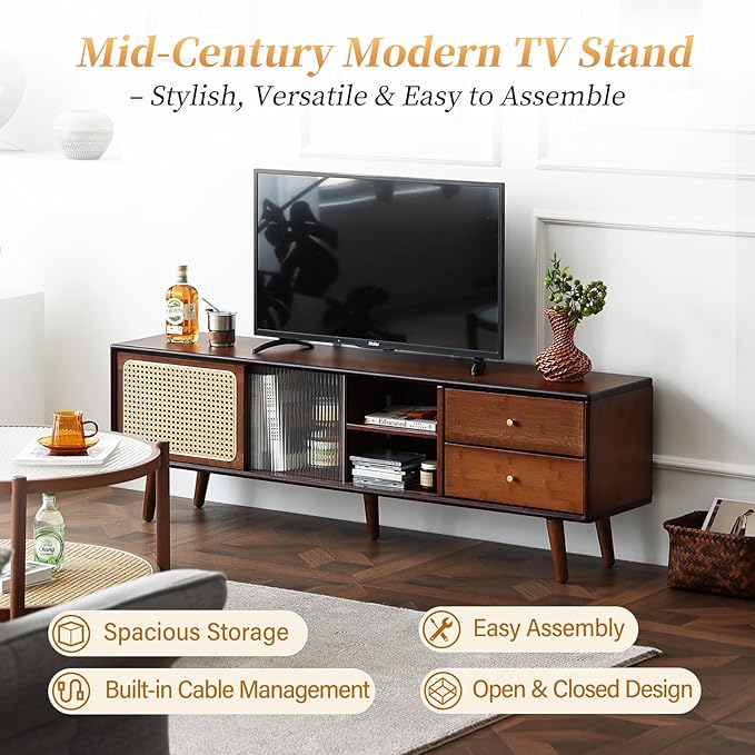 Tiita Rattan TV Stand for 55 65 Inch TV, Bamboo TV Cabinet with 2 Drawers, Boho Entertainment Center with Adjustable Shelf, Mid Century Modern Media Console for Bedroom, Living Room, Walnut