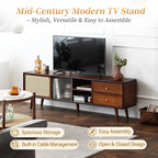 Tiita TV Stand with Storage for TVs up to 65'', Bamboo Rattan TV Console Entertainment Center with 2 Open Shelf, Mid Century Modern Media Console for Living Room, Bedroom, Walnut