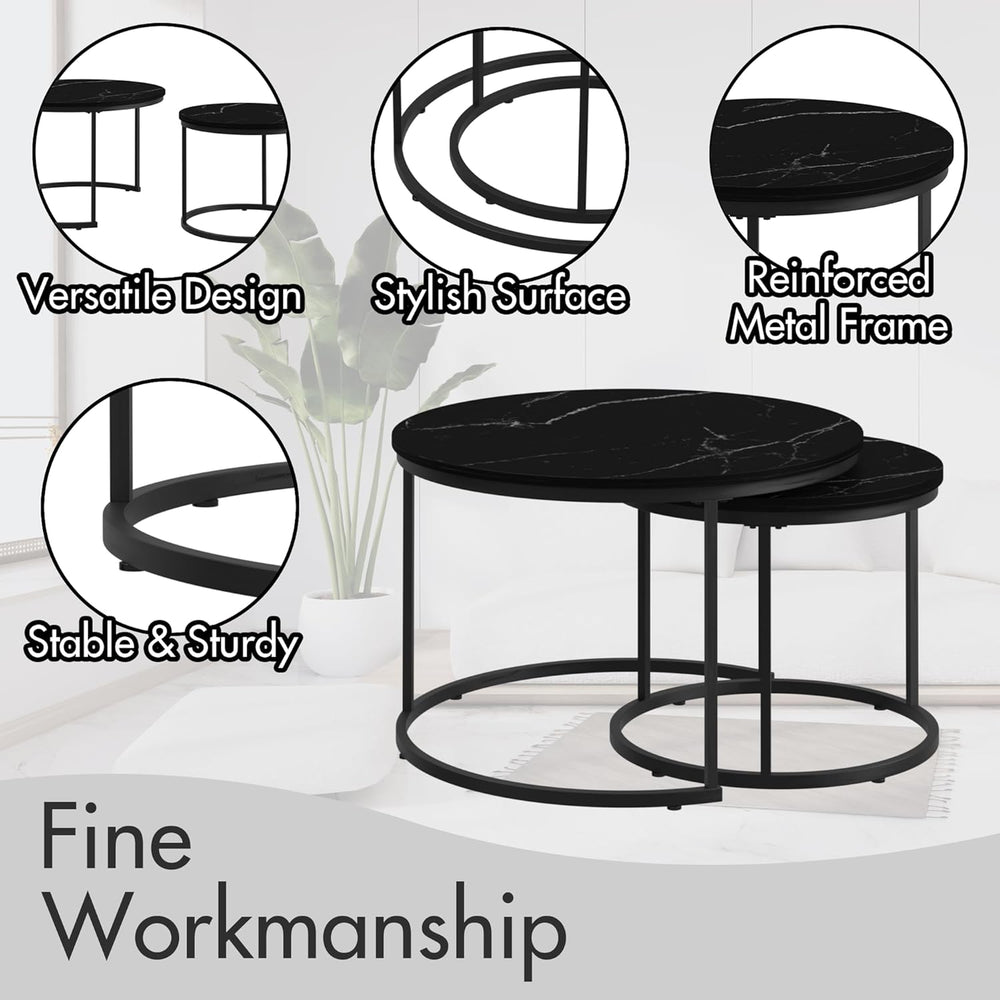 Nesting Coffee Table Set of 2 Round Side Tables, 27.6 Inch Marble Top Coffee ...