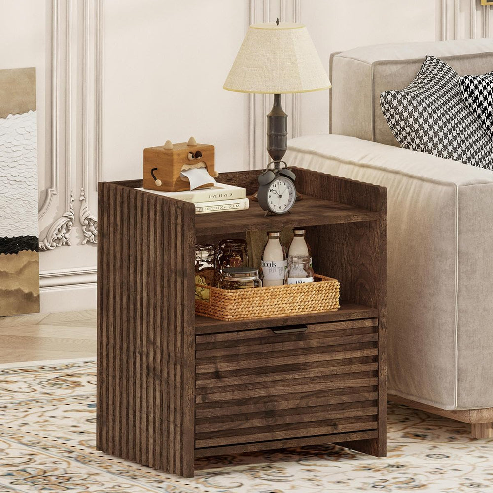 BON AUGURE Fluted Nightstand with Drawer and Storage Shelf, Modern Wood Bedsi...