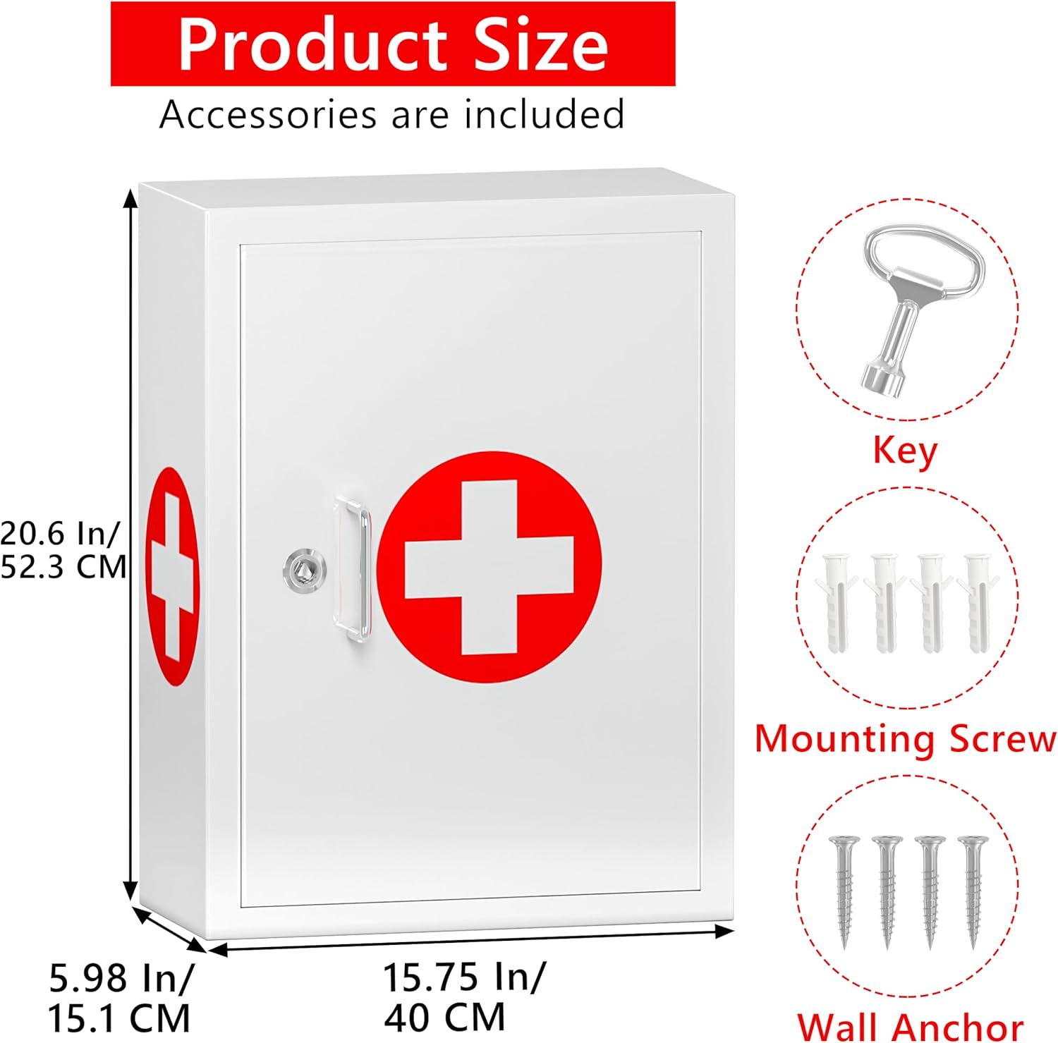 Locking Medicine Cabinet for Bathroom: Wall Mount Medical Box for Medication Storage - Large Capacity First Aid Wall Cabinet for Home, School, Office (White)