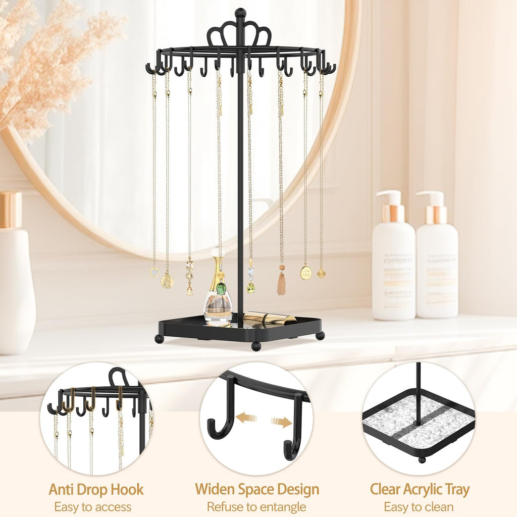 MODOWEY Rotating Metal Necklace Holder Organizer Stand with Acrylic Tray, 18 Hooks Small Jewelry Display Tree for Pendant Bracelet Storage, Compact Chain Hanger Rack for Women Men Space Saving, Black