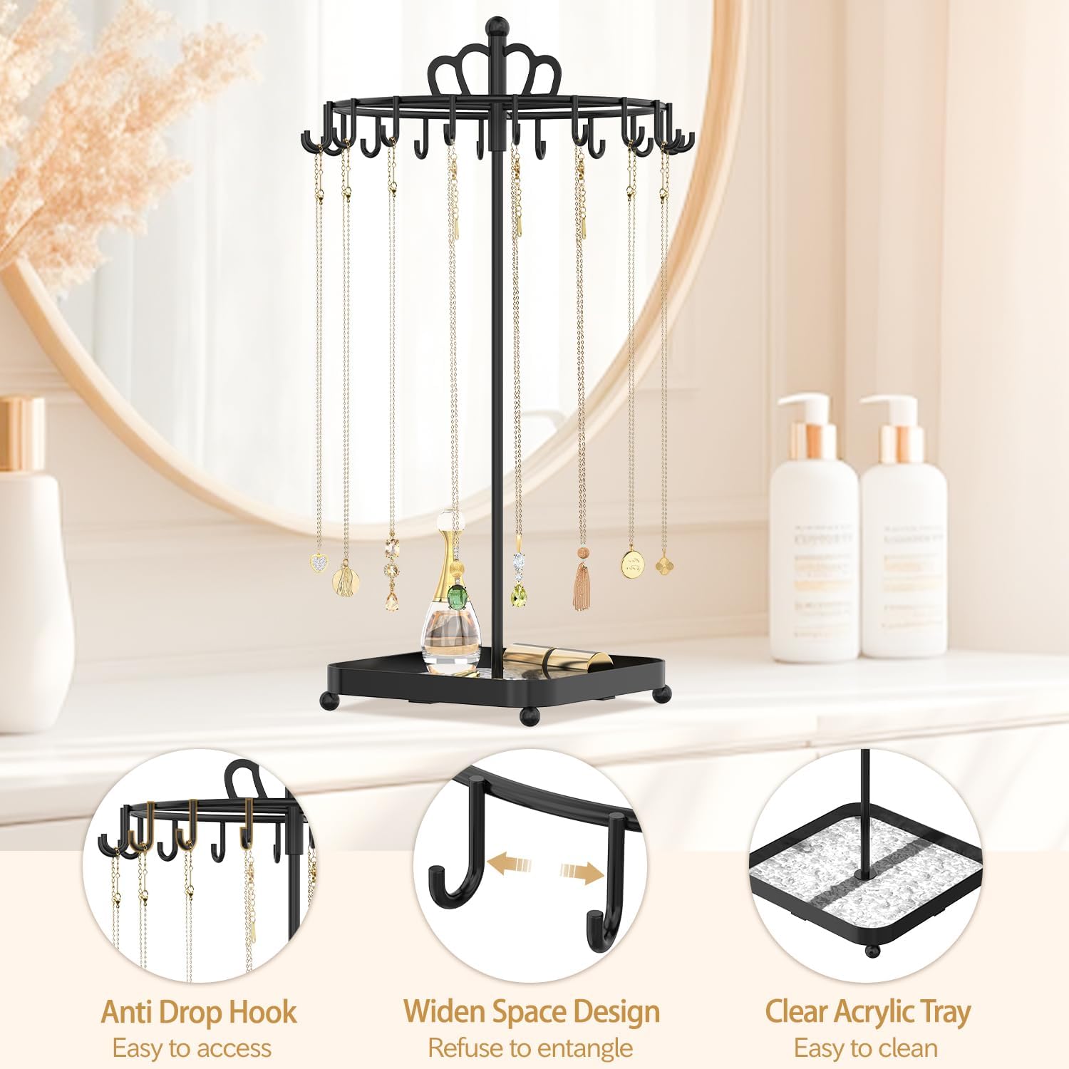 MODOWEY Rotating Metal Necklace Holder Organizer Stand with Acrylic Tray, 18 Hooks Small Jewelry Display Tree for Pendant Bracelet Storage, Compact Chain Hanger Rack for Women Men Space Saving, Black
