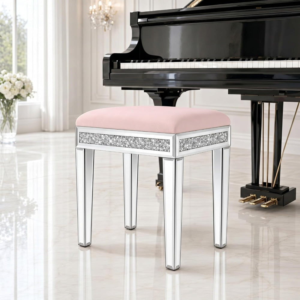 Vanity Stool with Storage – Mirrored Legs, Velvet Cushioned Ottoman, Hidden C...