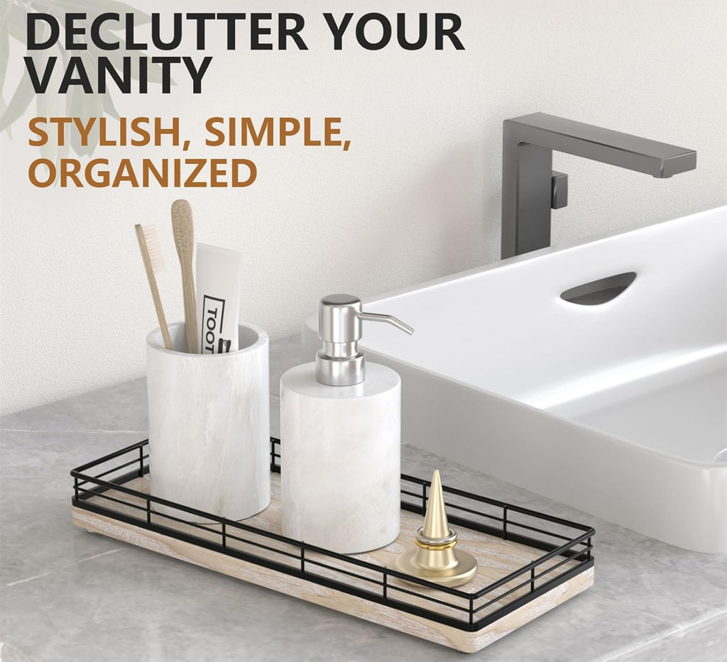 Bathroom Tray for Counter Top Organizer – Ash Wood Vanity Tray with Metal Frame for Dresser, Kitchen, Nightstand – Black & Whitewashed Decorative Storage