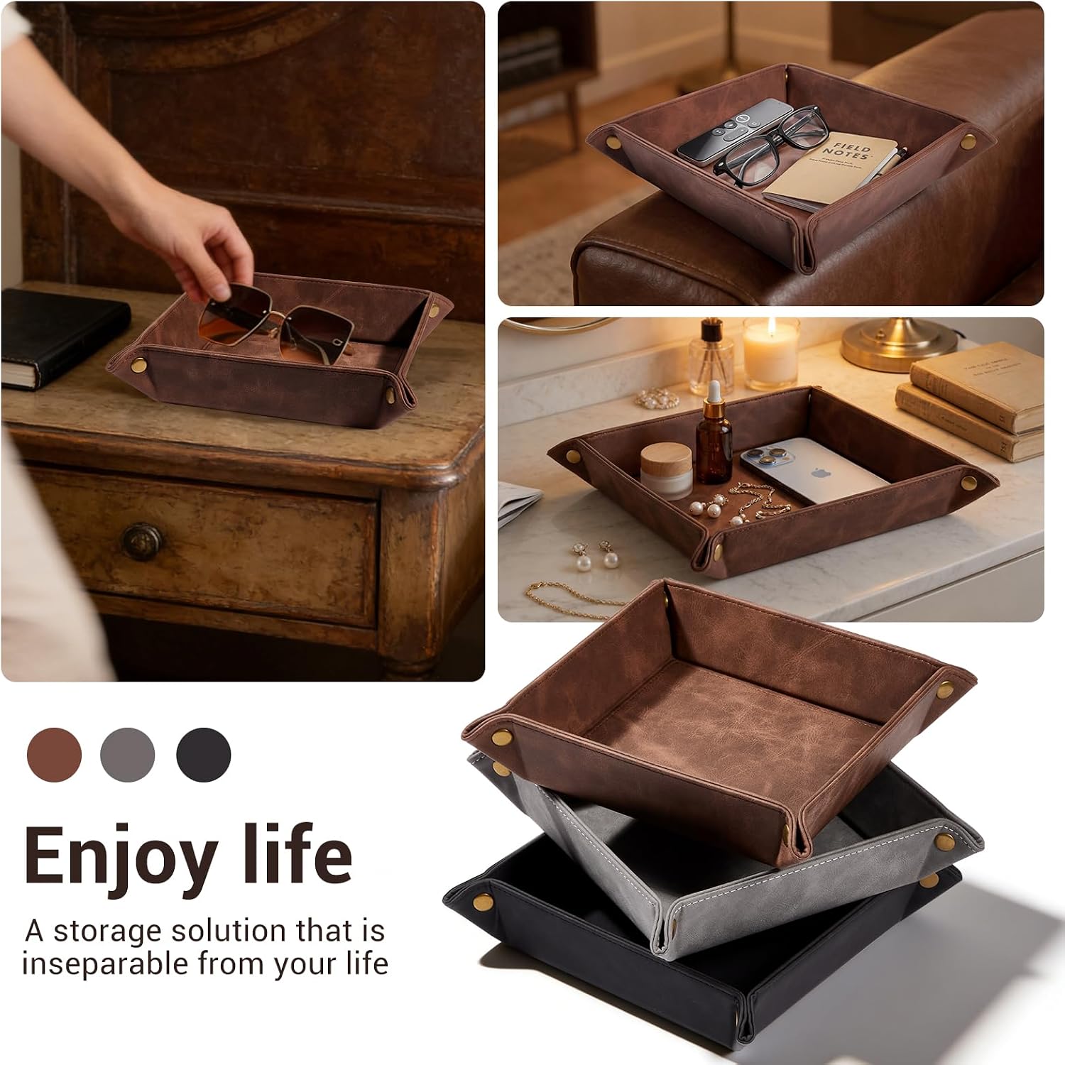 CoBak Leather Valet Tray, Premium PU Leather Catch-All Tray for Entryway Table Key, Phone, Wallet, Coins & Jewelry, Bedside Nightstand Desk-top Catchall (Brown)
