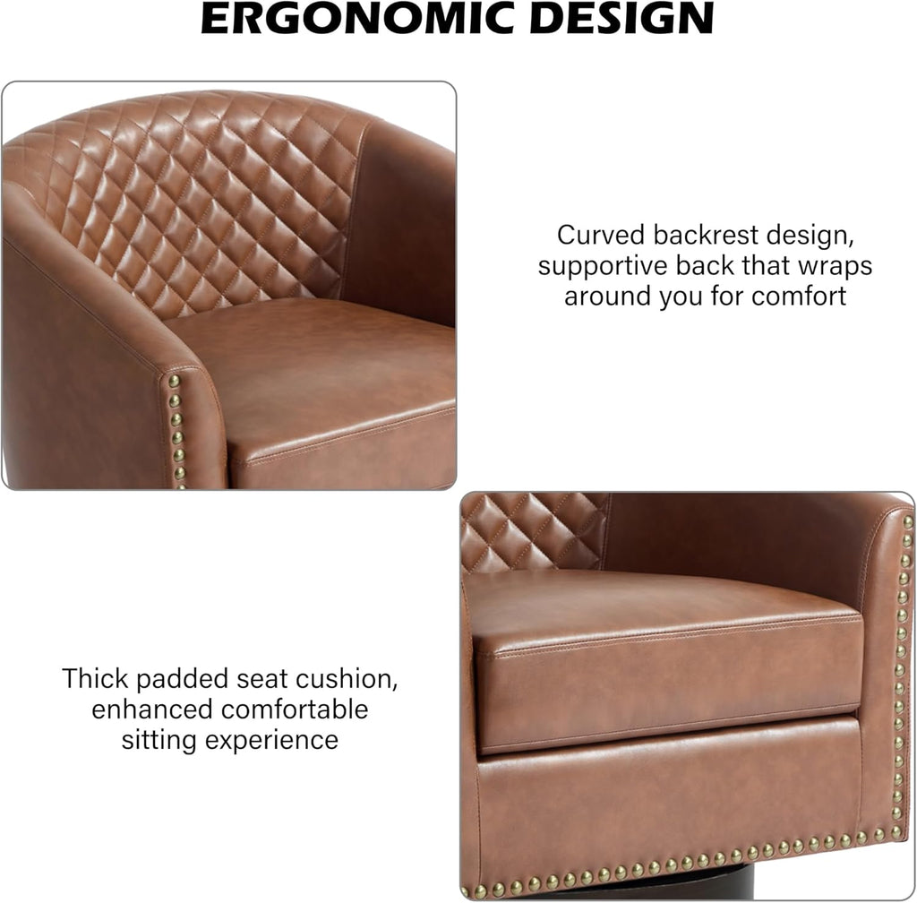 Swivel Barrel Accent Chair Set of 2, Comfy Modern Upholstered Round Faux Leather Arm Chair for Living Room, Bedroom, Brown
