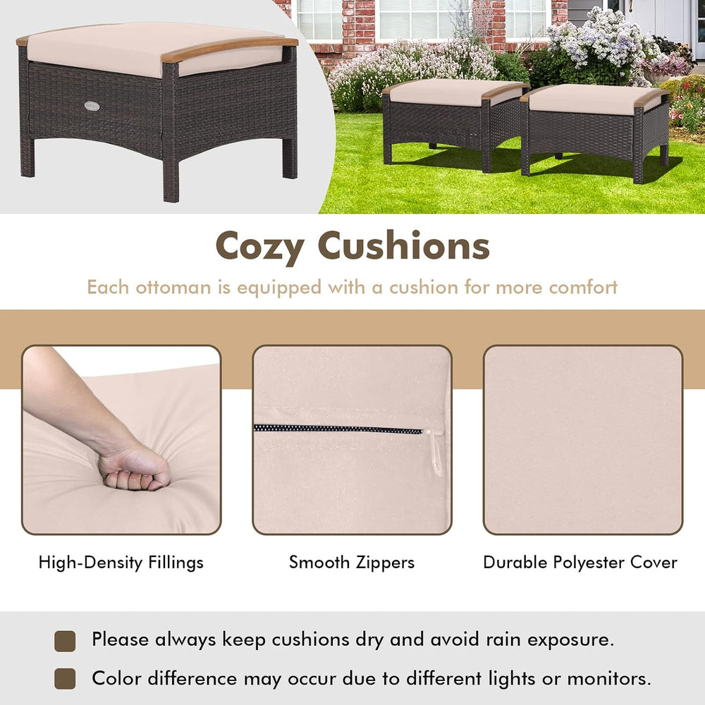 Tangkula 2 Piece Patio Rattan Ottomans, Outdoor Wicker Footstool w/Acacia Woo...