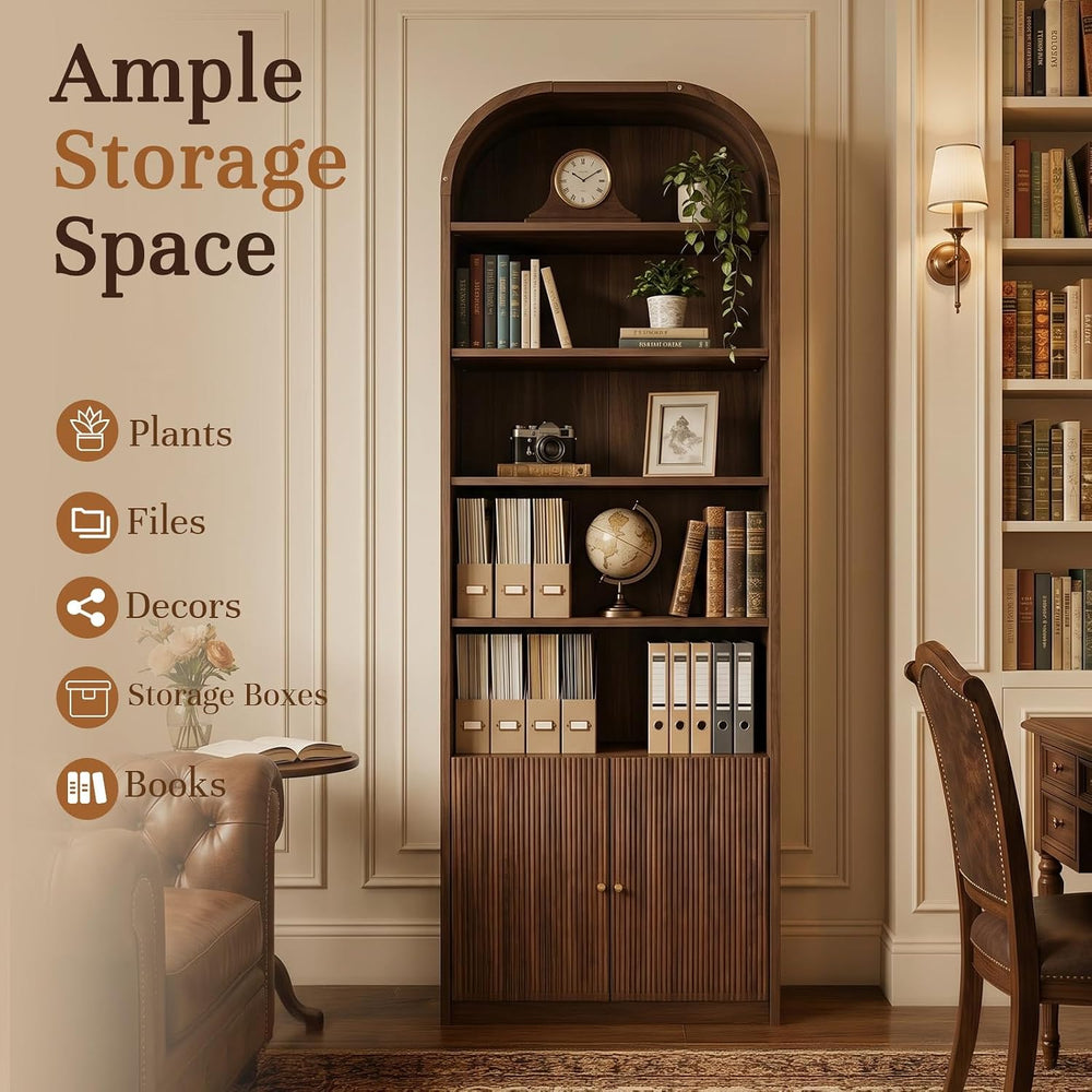 71" Tall Arched Bookshelf with Door, 7 Tiers Arched Bookcase with Storag...