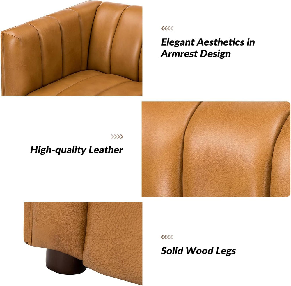 HULALA HOME 83" Genuine Leather Sofa with Channel Tufted Design, Camel
