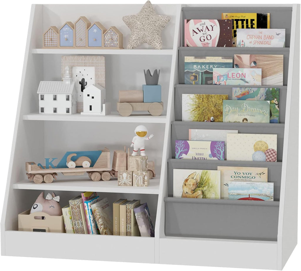 4 Tier Kids Wooden Bookshelf, 5 Layer Sling Toddler Bookcase,Baby Storage Book Rack,Book and Toy Organizer Cabinet,Children Book Display,Playroom Nursery Classroom Kid Room