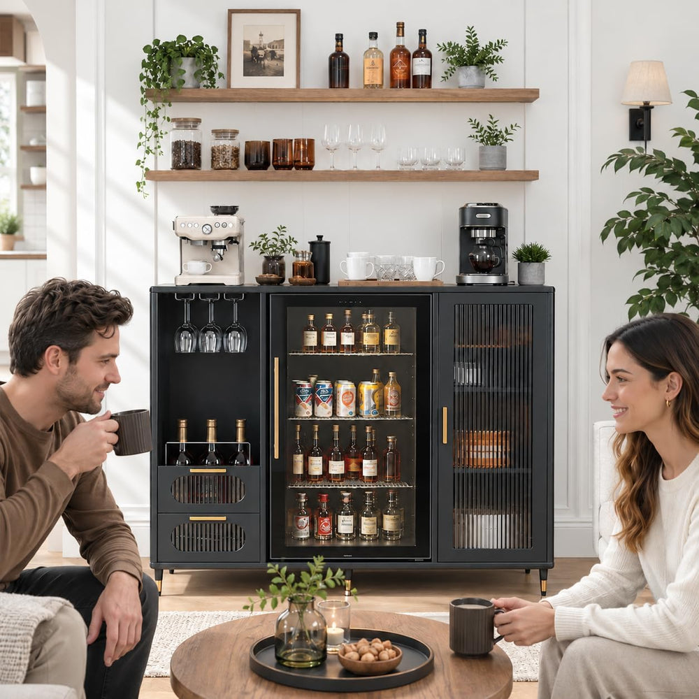 AUN Metal Large Coffee Bar Cabinet with Fridge Space ,Fridge not included