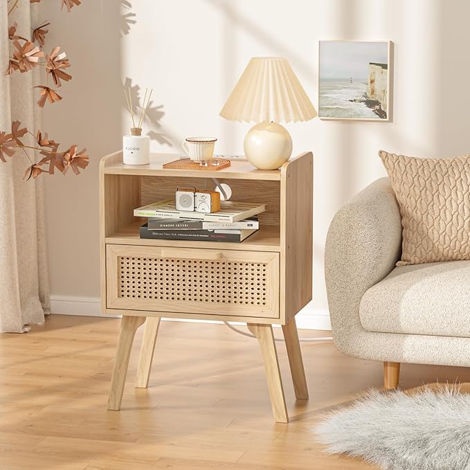 Lerliuo Rattan Nightstand with Charging Station, Boho Night Stand with Handma...