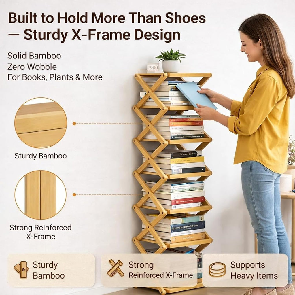 GDSAFS 2-9 Tier Bamboo Shoe Rack, 2026 New Sturdy Foldable Shoe Organizer, High-Capacity No-Assembly Vertical Storage with Anti-Slip Base for Hallway, Bedroom, Corner, Kids' Room (Brown,9 Layers)
