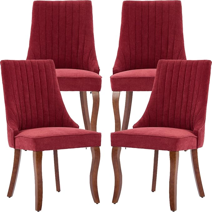 Burgundy Mid Century Dining Chairs Set of 4, Modern Kitchen & Dining Room Chairs Set of 4, Linen Upholstered Kitchen Chairs, Sillas de Comedor, Wood Legs (Wine Red, 4 Pcs)