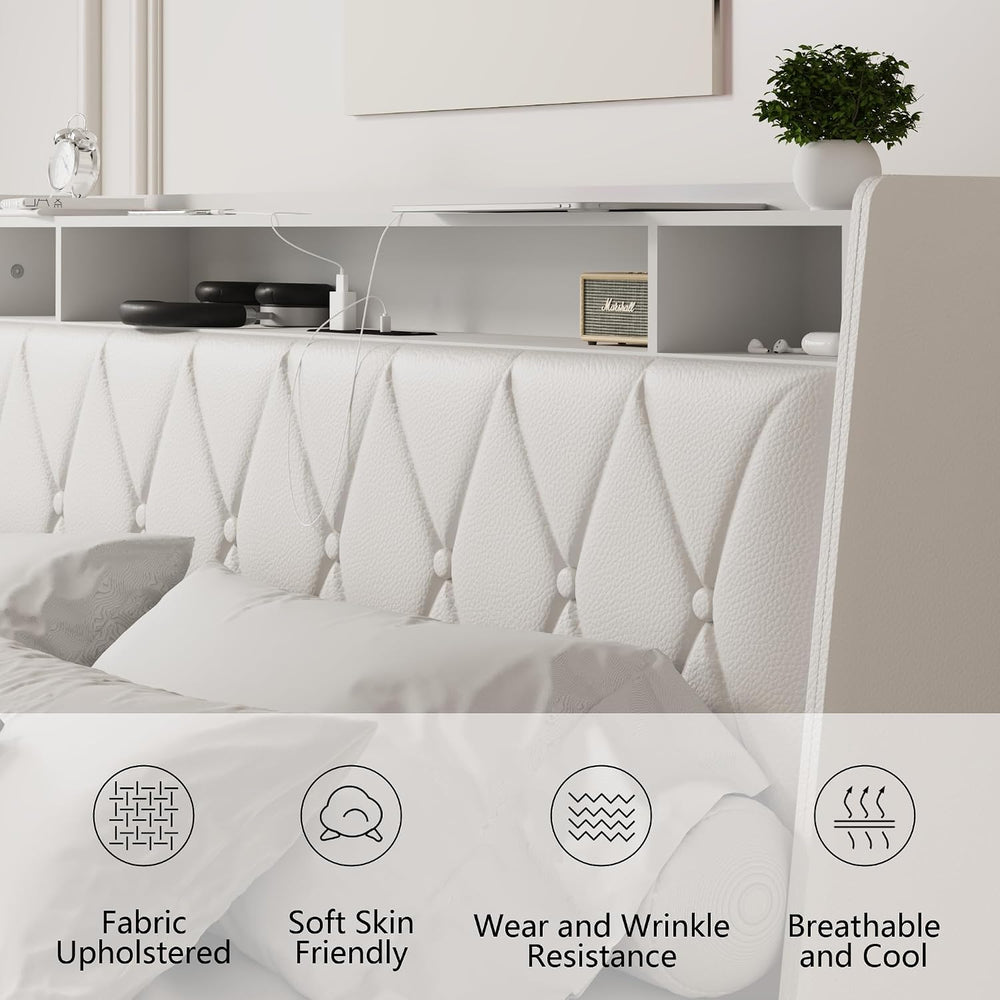 Peanu Queen Bed Frame, Ergonomic Headboard, White Metal Frame