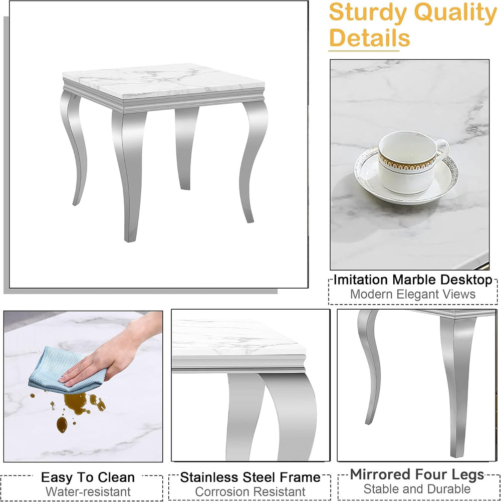 Marble End Table, Modern White Faux Marble Sofa Side Table with Silver Stainl...