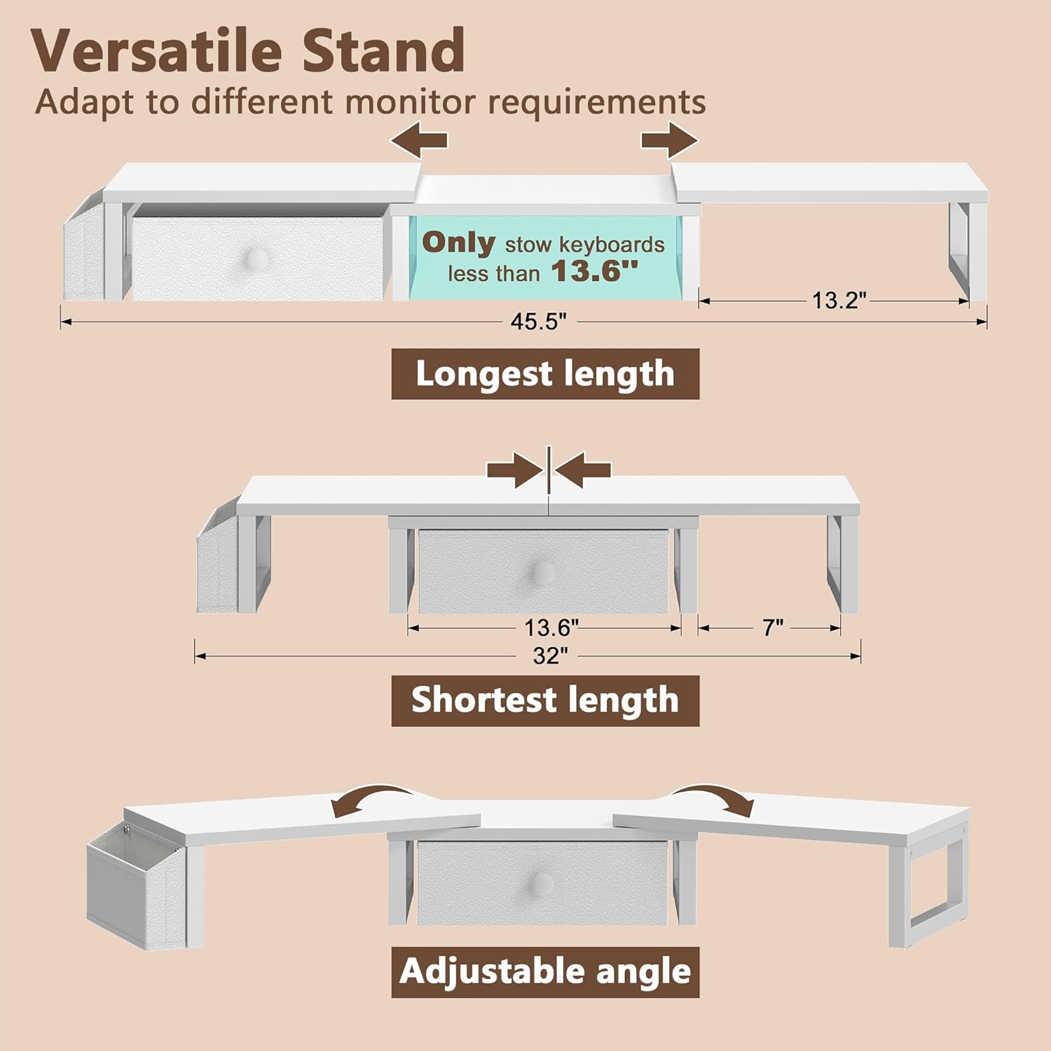 LAND·VOI Heavy Duty Dual Monitor Stand, Holds 2 Screens Up to 27 Inches, Adjustable Length and Angle Monitor Riser, Desk Organizer with Side Pockets and Drawers, Home Office Desk Storage, White