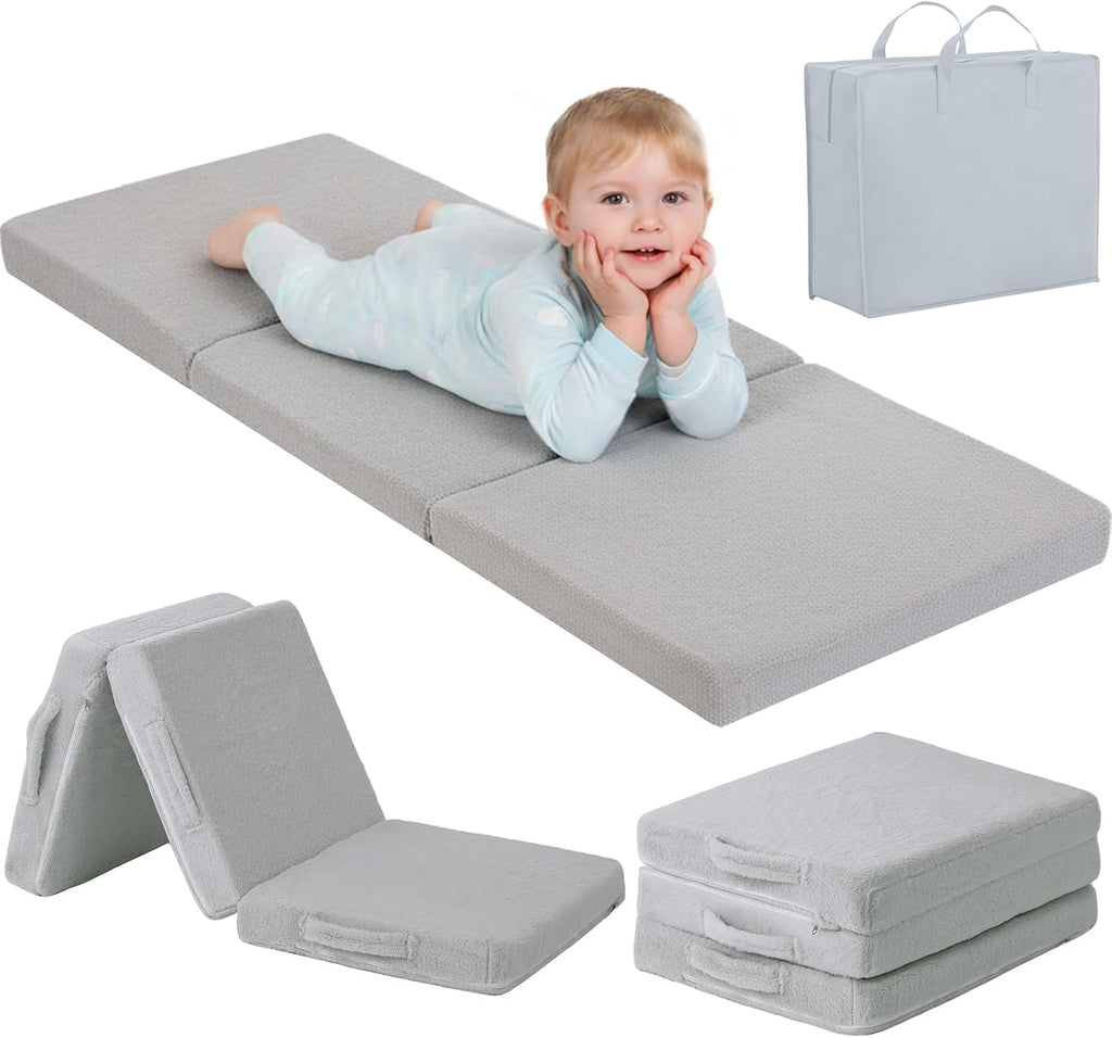 Tiita Foldable Floor Mattress for Kids -Daycare Sleeping Plush Futon or Floor Mat with Storage Bag, Toddler Floor Nap Mat, Portable Toddler Travel Mattress for Camping & Guest Use, Playroom, Grey