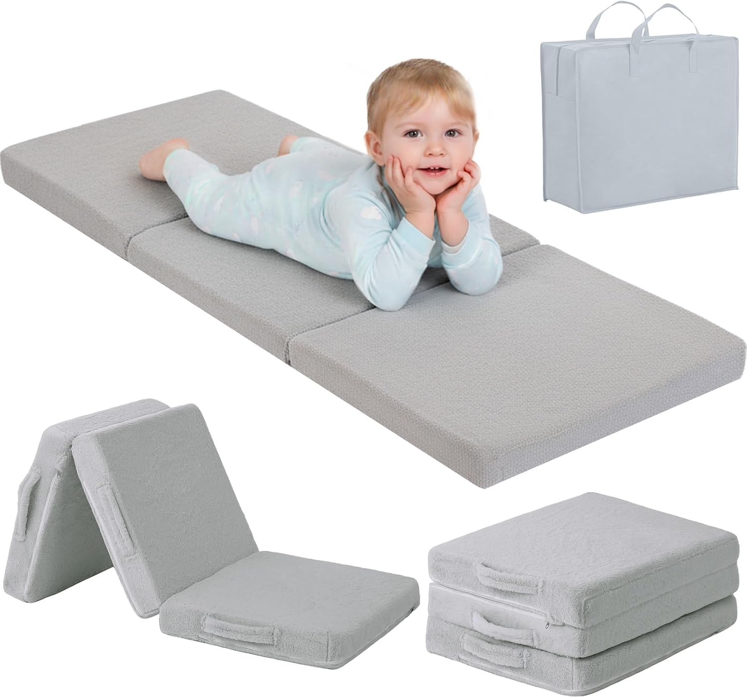 Tiita Foldable Floor Mattress for Kids -Daycare Sleeping Plush Futon or Floor Mat with Storage Bag, Toddler Floor Nap Mat, Portable Toddler Travel Mattress for Camping & Guest Use, Playroom, Grey