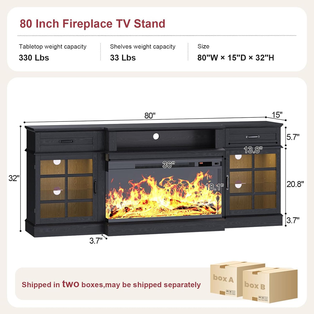 oneinmil 80" Fireplace TV Stand with 3-Sided Glass Fireplace, Modern Wood Entertainment Center with LED Lights and Glass Door, 36" Fire Place TV Stands for Living Room, Black