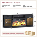 oneinmil 80" Fireplace TV Stand with 3-Sided Glass Fireplace, Modern Wood Entertainment Center with LED Lights and Glass Door, 36" Fire Place TV Stands for Living Room, Black