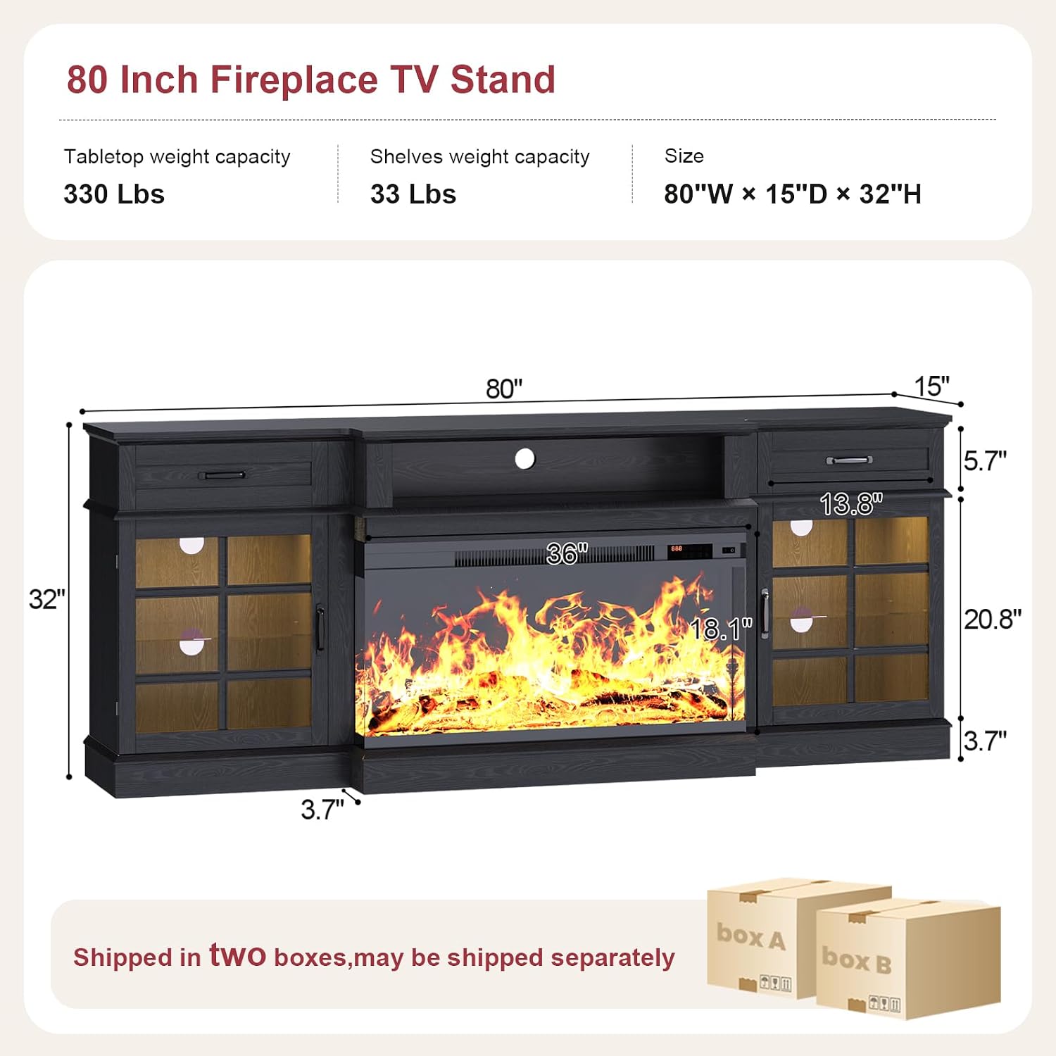 oneinmil 80" Fireplace TV Stand with 3-Sided Glass Fireplace, Modern Wood Entertainment Center with LED Lights and Glass Door, 36" Fire Place TV Stands for Living Room, Black