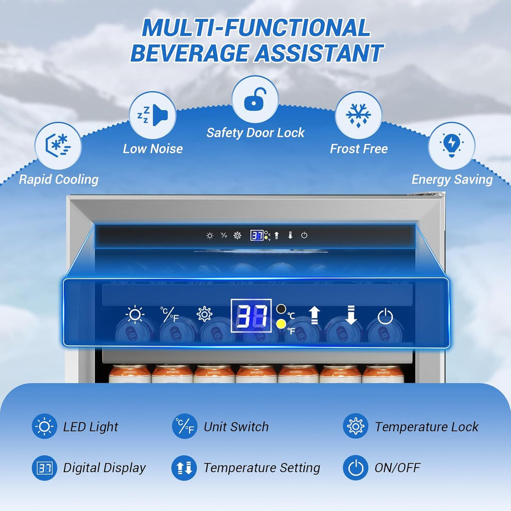 24" Beverage Refrigerator Cooler Under Counter, 180-Can Capacity, 24 Inch Wide Built-In Beer & Drink Fridge with Glass Door With Metal Basket for Home, Bar & Office