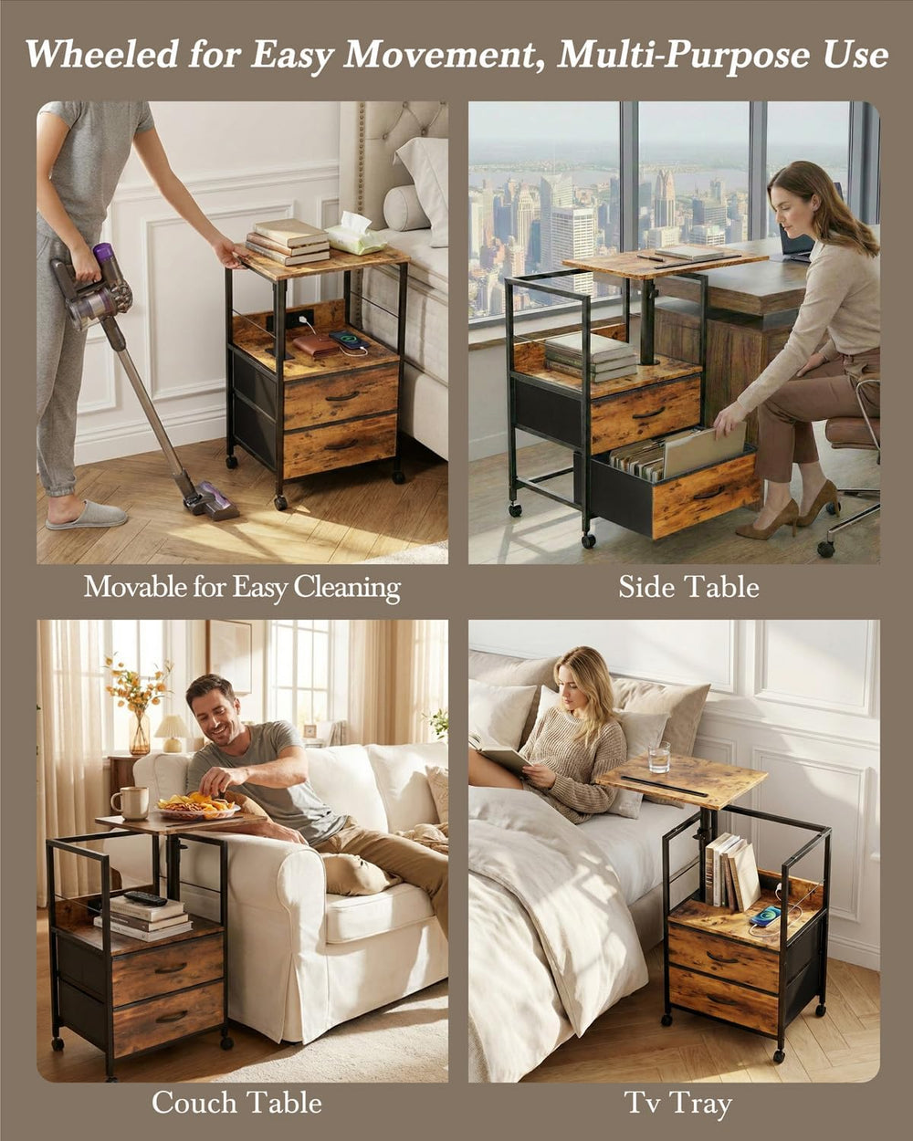 Faesun Swivel Lift Top Nightstand with Charging Station, Rolling Side Table f...
