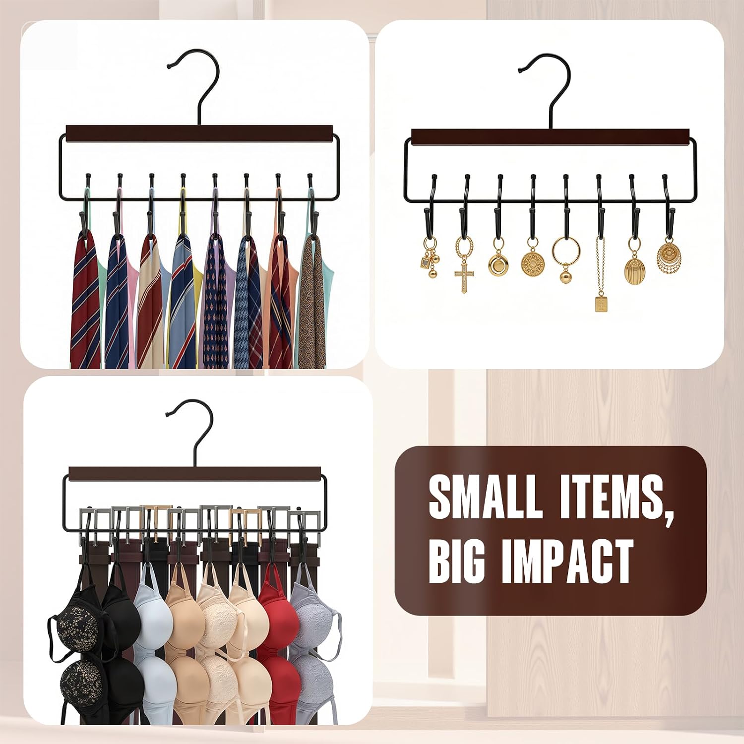 Wooden Jewelry Hanger 2-Pack, Hanging Jewelry Organizer with 16 Hooks, Tangle-Free Display for Necklace, Bracelet, Ring, Bangles, Perfect for Bathroom, Closet Door